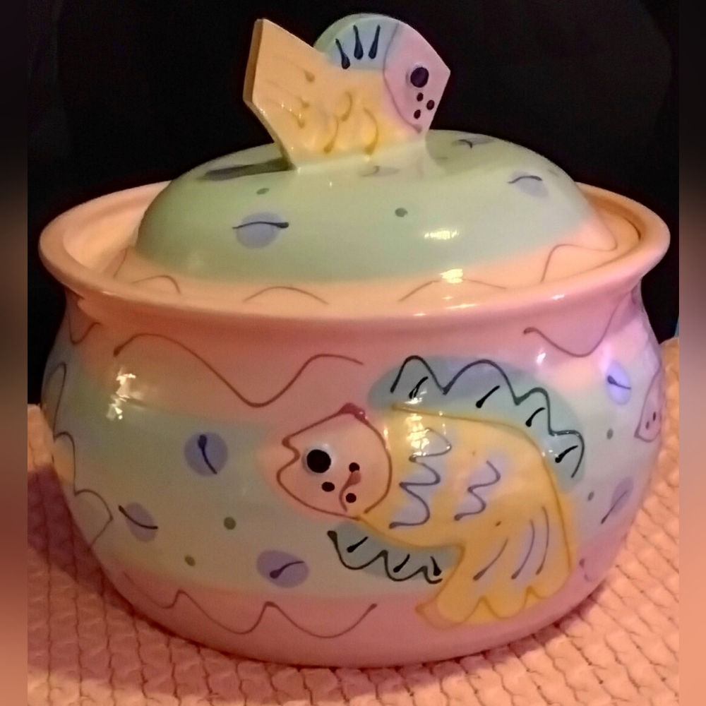 Susan Painter Pottery Ceramic Colorful Vintage 90s Cookie Canister Jar 10x9.5 - Picture 2 of 8